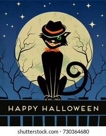 Vintage style Halloween card with stylish back cat and full moon. Vector illustration.