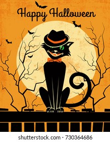 Vintage style Halloween card with stylish back cat and full moon. Vector illustration.