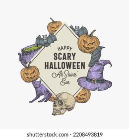 Vintage Style Halloween Frame Label Template. Hand Drawn Vampire Bat, Scull, Evil Pumpkins, Witch Hat and Cauldron Sketch Illustrations with Retro Typography and Borders. Isolated