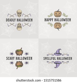 Vintage Style Halloween Headline or Title Greetings Labels Template Set. Hand Drawn Pumpkin, Scull Witch Hat, Cauldron Sketch Frame or Borders with Retro Typography. Web Drawings Background. Isolated.