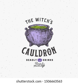 Vintage Style Halloween Logo or Label Template. Hand Drawn Witch Cualdron Sketch Symbol and Retro Typography. Shabby Texture Background. Isolated.