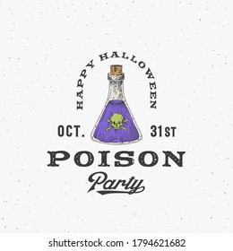 Vintage Style Halloween Logo or Label Template. Hand Drawn Witch Poison or Pottion Flask Bottle Sketch Symbol with Scull, Bones and Retro Typography. Shabby Texture Background. Isolated.