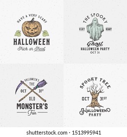 Vintage Style Halloween Logos or Labels Template Set. Hand Drawn Evil Pumpkin, Ghost, Spooky Tree, Broom and Scythe Sketch Symbols Collection. Retro Typography. Shabby Textures Background. Isolated.