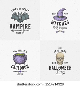 Vintage Style Halloween Logos or Labels Template Set. Hand Drawn Vampire Bat, Scull, Witch Hat and Cauldron Sketch Symbols Collection. Retro Typography. Shabby Textures Background. Isolated.