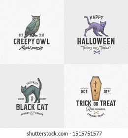 Vintage Style Halloween Logos or Labels Template Set. Hand Drawn Owl, Evil Cats and Coffin Sketch Symbols Collection. Retro Typography. Shabby Textures Background. Isolated.