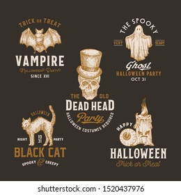 Vintage Style Halloween Logos or Labels Template Set. Hand Drawn Vampire Bat, Scull, Candle, Eye, Cat and Ghost Sketch Symbols Collection. Retro Typography. Dark Background.
