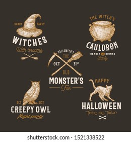 Vintage Style Halloween Logos or Labels Template Set. Hand Drawn Witch Hat, Cauldron, Broom, Owl, Cat and Scythe Sketch Symbols Collection. Retro Typography. Dark Background.