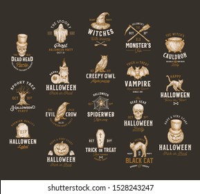 Vintage Style Halloween Logos or Labels Template Big Set. Hand Drawn Vampire Bat, Scull, Tomb, Cat, Hat, Owl, Pumpkin, Cauldron and Ghost Sketch Symbols Collection. Retro Typography. Dark Background.