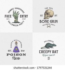 Vintage Style Halloween Logos or Labels Template Set. Hand Drawn Scull, Zombie Arm, Poison Flask and Rat Sketch Symbols Collection. Retro Typography. Shabby Textures Background. Isolated.