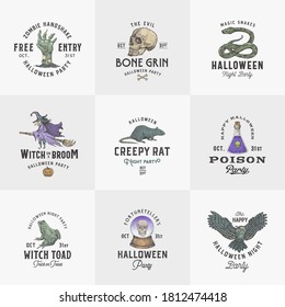 Vintage Style Halloween Logos or Labels Template Set. Hand Drawn Witch, Scull, Zombie Arm, Rat, Fortune Teller Ball and Magic Reptiles Sketch Symbols Collection. Retro Typography. Isolated.