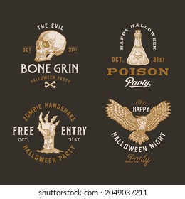 Vintage Style Halloween Logos or Labels Template Set. Hand Drawn Scull, Poison Flasc, Zombie Hand and Sppokie Owl Sketch Symbols Collection. Retro Typography. Dark Background.