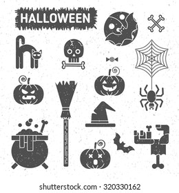 Vintage Style Halloween set of badges and icons. Textured background.