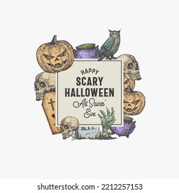Vintage Style Halloween Square Frame Label Template. Hand Drawn Sculls, Evil Pumpkins, Owl, Tomb and Zombie Hand Sketch Illustrations with Retro Typography and Borders. Isolated