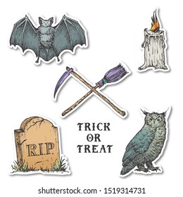 Vintage Style Halloween Stickers Set. Hand Drawn Owl, Bat, Candle, Tombstone and Crossed Broom and Scythe Sketch Symbols Collection. Soft Shadows. Isolated.