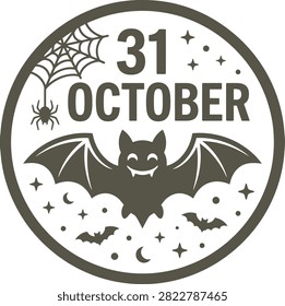 Vintage style halloween tshirt vector design featuring a bat spider web and the date thirty first of october for holiday apparel