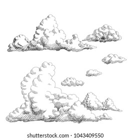 Vintage Style, Hand Drawn Cloud Elements, Vector Set, Illustration