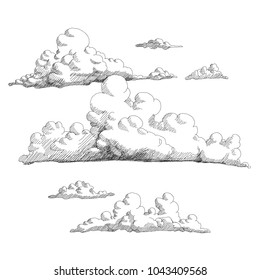 Vintage Style, Hand Drawn Cloud Elements, Vector Set, Illustration