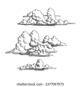 Vintage style, hand drawn cloud elements, vector set, illustration