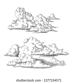 Vintage style, hand drawn cloud elements, vector set, illustration