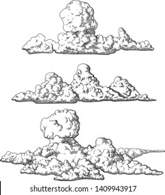 Vintage style, hand drawn cloud elements, vector set, illustration