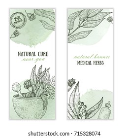 Vintage style hand drawn medicinal herbs sketch banners for promotion with green watercolor stain