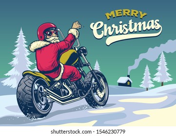 vintage style hand drawn of santa claus riding chopper motorcycle