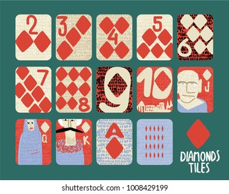 vintage style Hand drawn set of Diamond Tiles playing cards with numbers, King, queen, jack for casinos and playing houses