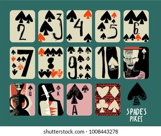 vintage style Hand drawn set of Spades Pikes playing cards with numbers, King, queen, jack for casinos and playing houses