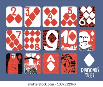vintage style Hand drawn set of Diamond Tiles playing cards with numbers, King, queen, jack for casinos and playing houses