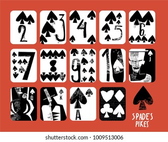 vintage style Hand drawn set of Spades Pikes playing cards with numbers, King, queen, jack for casinos and playing houses