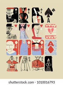 vintage style Hand drawn vector poster of playing cards. set of King, queen, jack , Clubs, hearts, Spades and Diamonds for casinos and playing houses interior     