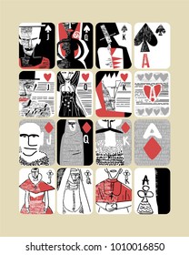 vintage style Hand drawn vector poster of playing cards. set of King, queen, jack , Clubs, hearts, Spades and Diamonds for casinos and playing houses interior     