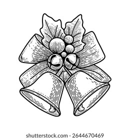 Vintage style hand-drawn black and white vector illustration of Christmas bells with ribbon and holly. Perfect for winter decorations, holiday cards, or classic festive ornaments