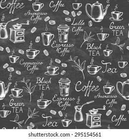 Vintage style. Hand-drawn Collection Sketches of hot drinks on the blackboard. Seamless background.  Vector illustration.