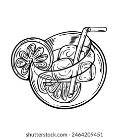 A vintage style handdrawn illustration of lemonade in a glass, featuring ice cubes and a lemon slice