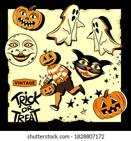 Vintage style happy halloween characters and objects, trick or treat, pumpkins and ghosts! Vector illustration