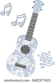 Vintage style Hawaiian print ukulele in blue and white aloha print plus lively musical notes and tribal extras