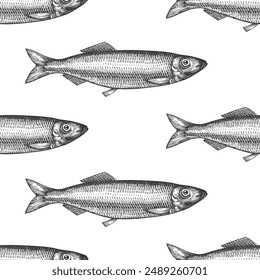 Vintage Style Herring Seamless Pattern. Vector Hand Drawn Fish Background. High Quality Old Fashion Illustration