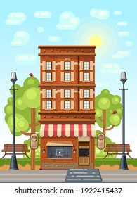 Vintage style high-rise building with a cafe on the ground floor. City landscape. A stretch of street on a bright summer day. Vector illustration