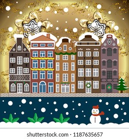 Vintage style. Holidays Vector illustration. Cartoon Vector illustration. Greeting card. Bright boxes. Happy New Year. Christmas tree with gifts.
