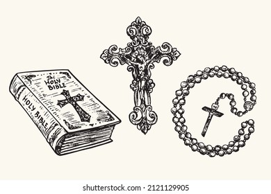 Vintage style Holly Bible, decorative cross with Crucifixion, prayer beads (Roman Catholic rosary beads). Ink black and white drawing  illustration