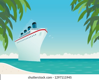 Vintage style horizontal vector illustration of giant cruise ship near tropical island