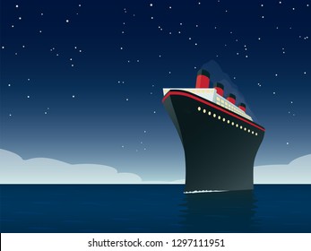 Vintage Style Horizontal Vector Illustration Of Giant Cruise Ship On The Ocean At Night