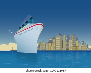 Vintage style horizontal vector illustration of giant cruise ship with big city skyline in background