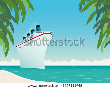 Vintage style horizontal vector illustration of giant cruise ship near tropical island