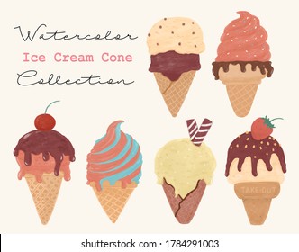 vintage style Ice cream cone sweet summer watercolor texture vector illustration clip art collection set