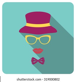 Vintage style icon of hat, lips, glasses and a bow tie