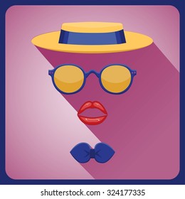 Vintage style icon of hat, lips, glasses and a bow tie