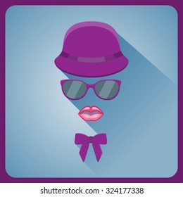 Vintage style icon of hat, lips, glasses and a bow tie