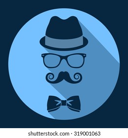 Vintage style icon of hat, mustaches, glasses and a bow tie